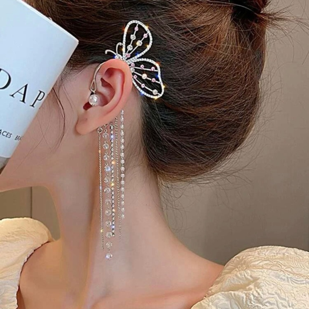 1pc Rhinestone Butterfly & Tassel Ear Wrap